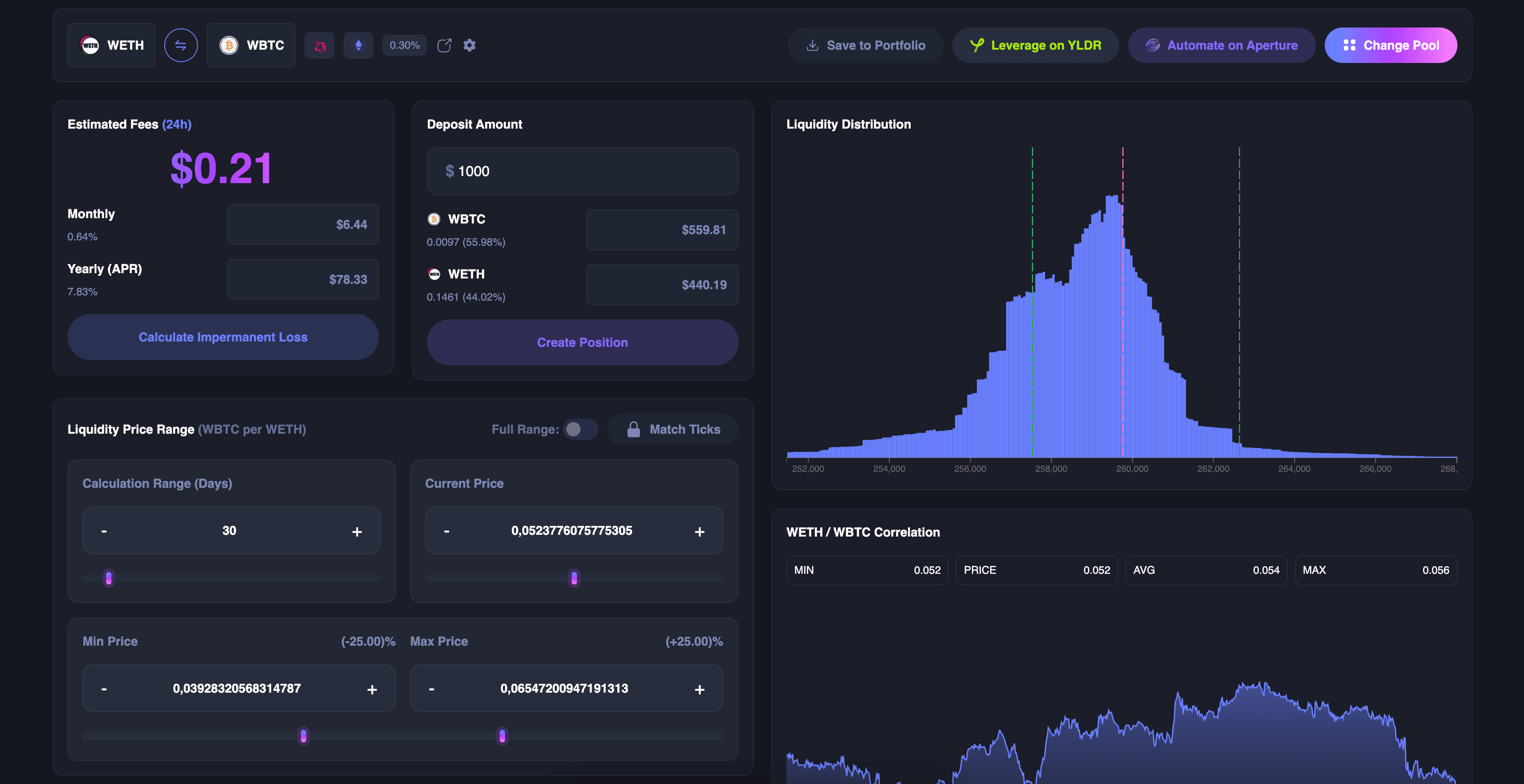 Capture d'écran de la simulation de pool de liquidité Metrix Finance
