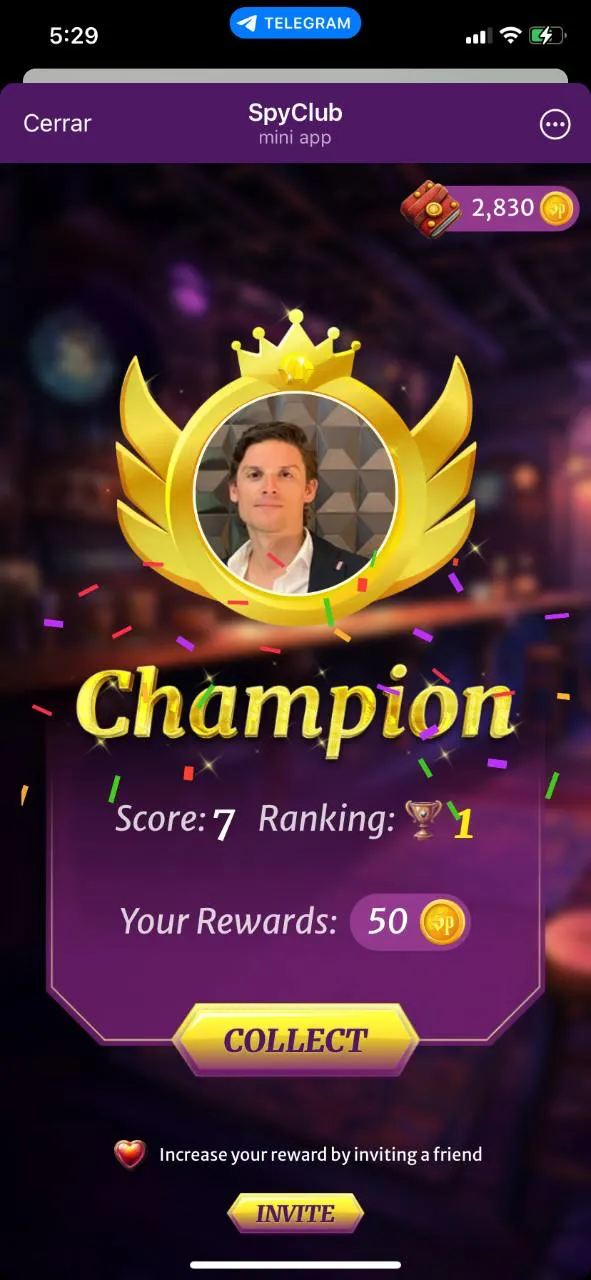 SpyClub champion screen showing a score of 7, first place, and a 50-token reward