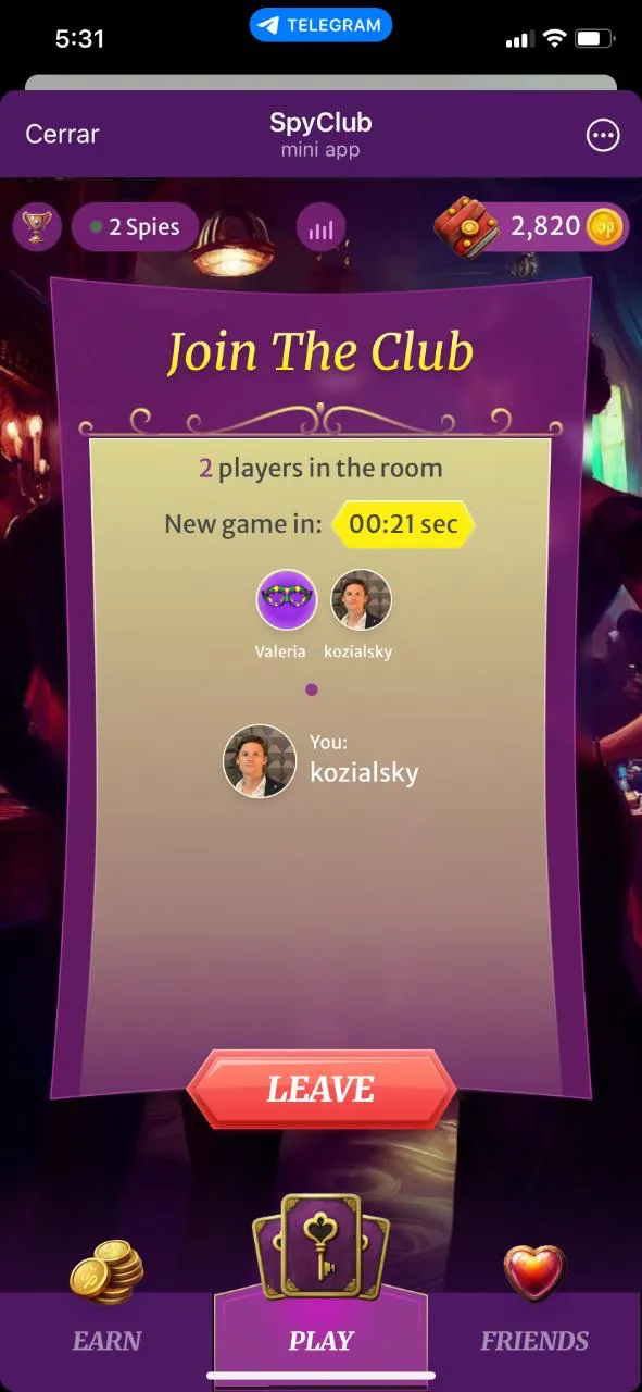 SpyClub lobby showing two players in the room and a 21-second countdown