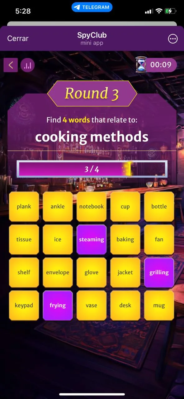 SpyClub round in progress with three of four words found and nine seconds left